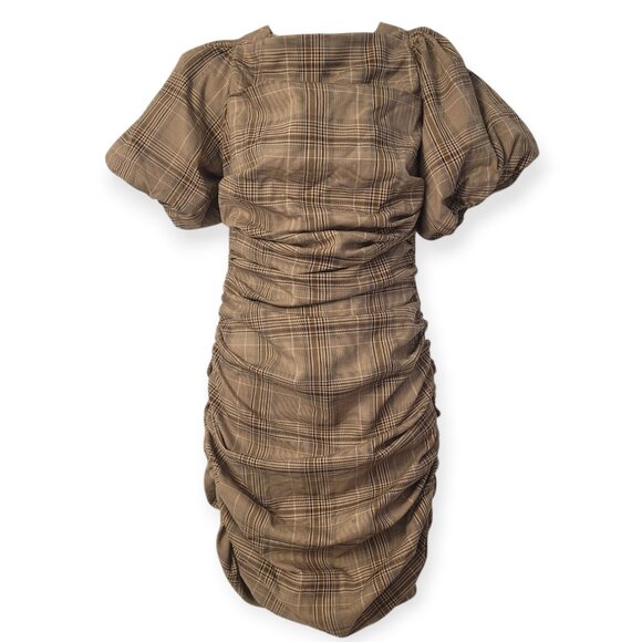 Revolve Majorelle tan plaid puff sleeve lace-up Darlene Mini Dress size S EUC - Picture 3 of 12